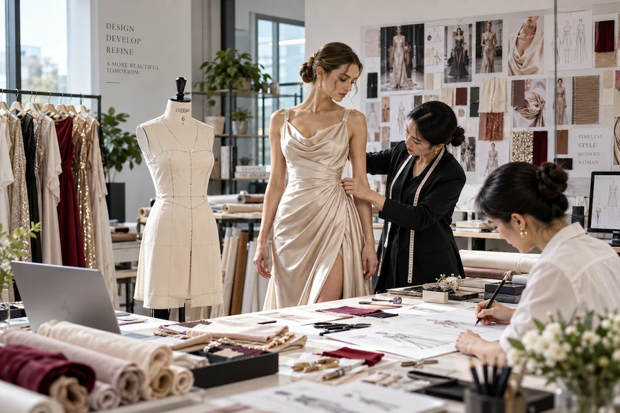 Gown fitting session on a live model in the atelier