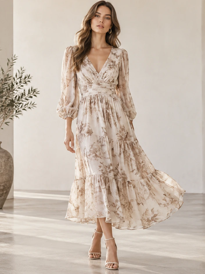Floral chiffon midi dress with a belted waist and tiered skirt, worn on a model in a colonnade