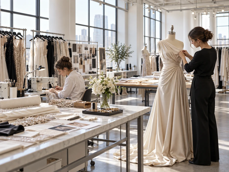 Draping an evening gown on a dress form in the womenswear atelier
