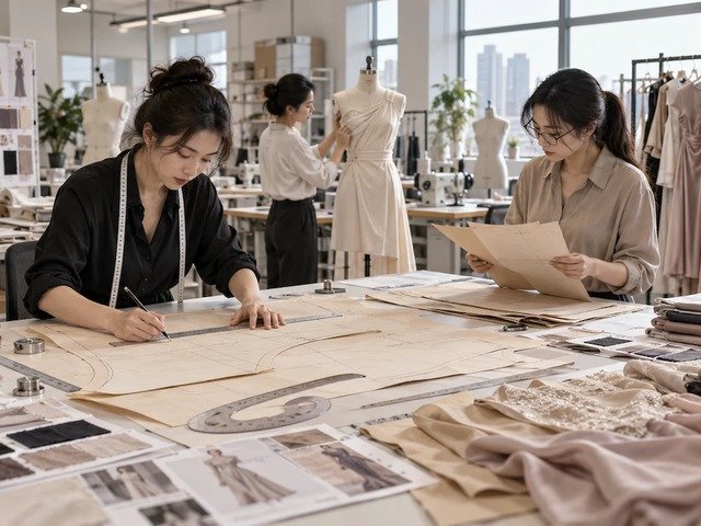 Pattern makers drafting womenswear patterns in the design studio