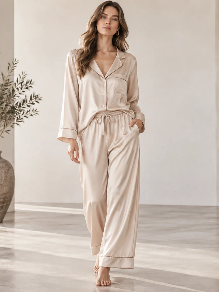 Satin pyjama set with contrast piping and a drawstring waist, worn on a model