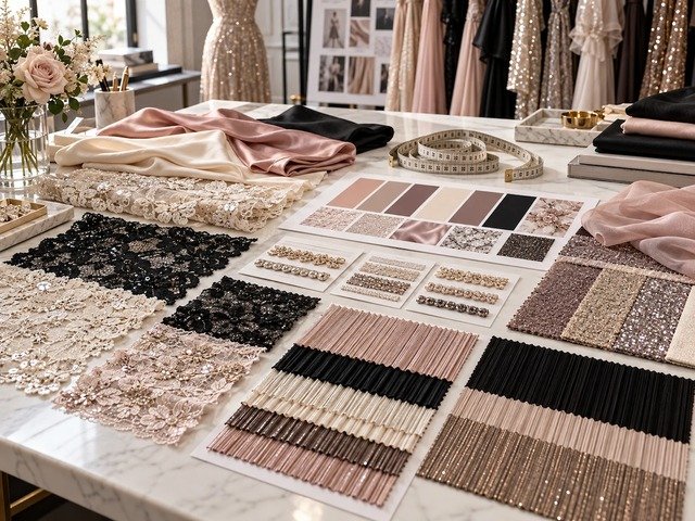 Sequin, lace and bead embellishment swatches for eveningwear