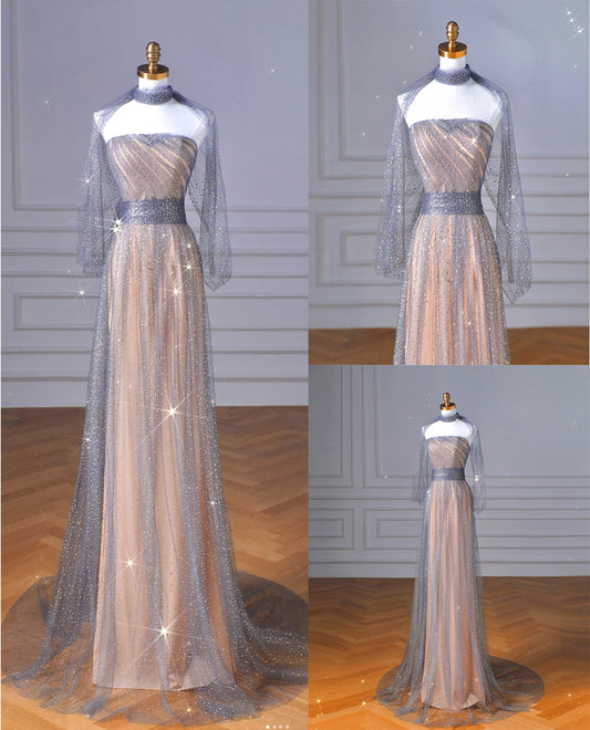 New style flat neckline pleated mesh A-line strapless ball gown banquet party wedding occasion dress