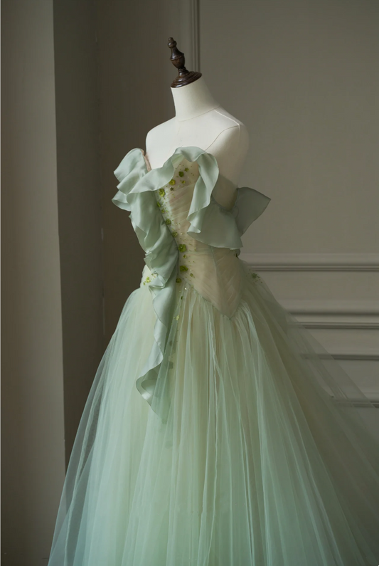 A-line off-the-shoulder pleated tulle floor-length petal train party ball gown