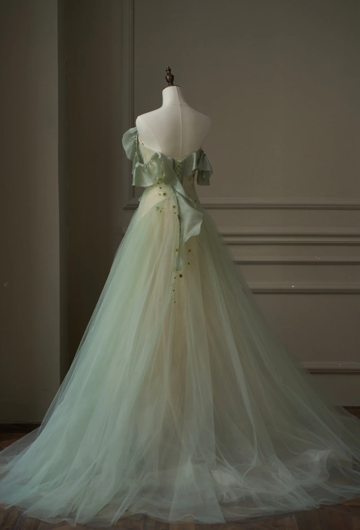 A-line off-the-shoulder pleated tulle floor-length petal train party ball gown