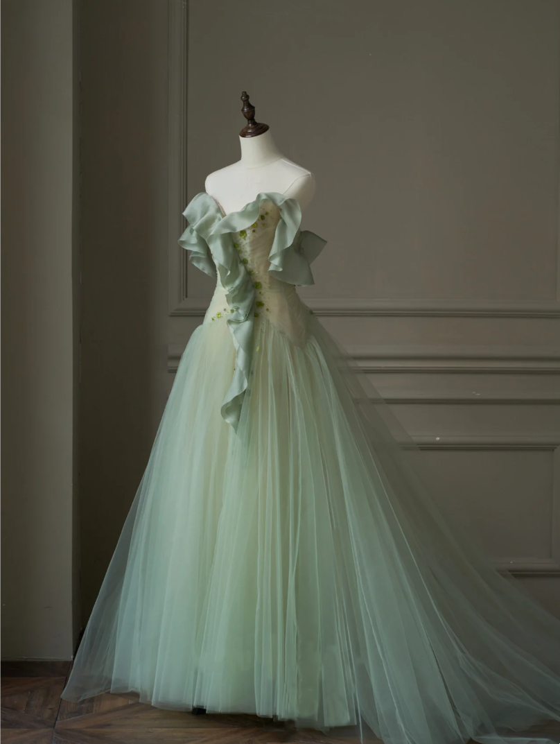 A-line off-the-shoulder pleated tulle floor-length petal train party ball gown