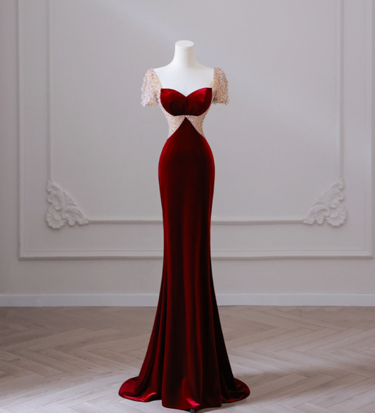 Beaded burgundy velvet sweetheart neckline bodycon ball gown