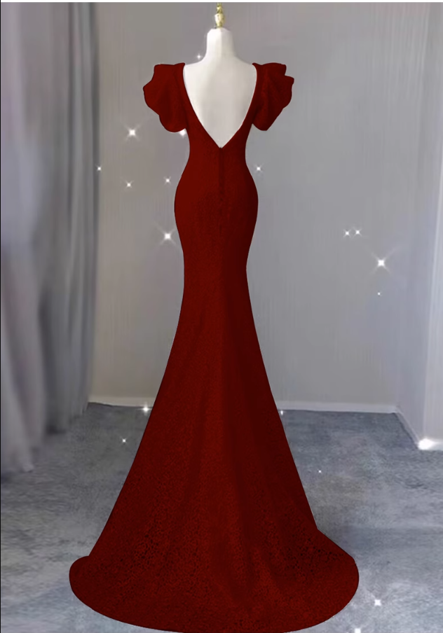 Mermaid evening dress, high-end burgundy bridal toast dress, elegant lady prom dress