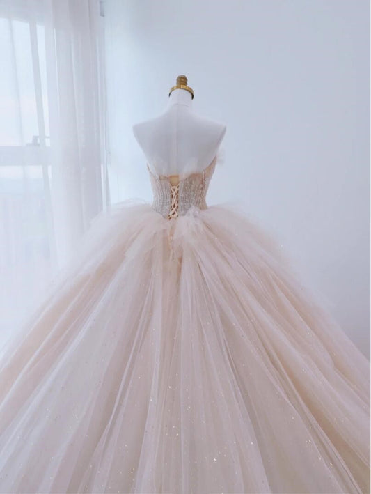 Elegant Sleeveless Pleated Tulle Princess Bride Luxury Off-Shoulder Glitter Wedding Dress