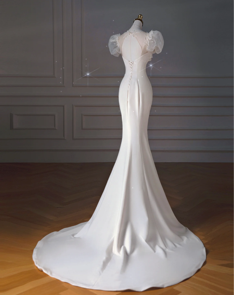 Elegant fishtail square neck satin wedding dress with short sleeves and sweeping tail and backless wedding dress