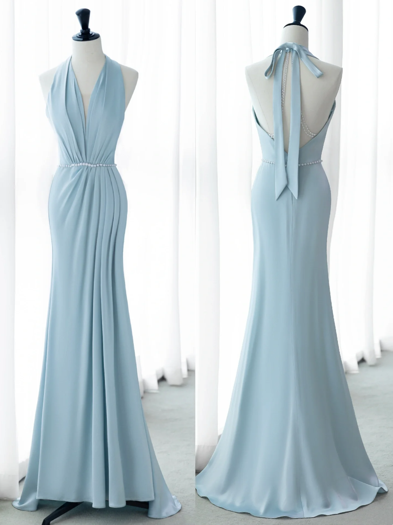 French Romantic Halter Neck Satin Mermaid Elegant Ball Gown