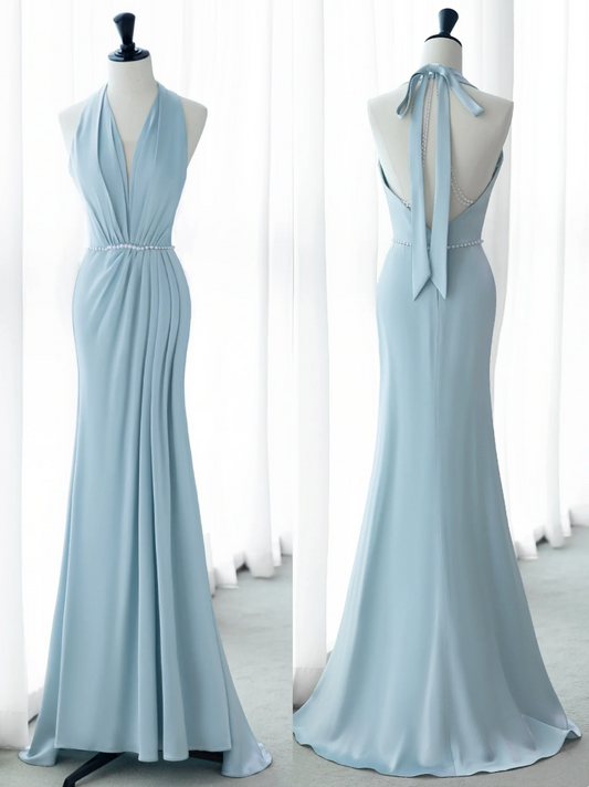 French Romantic Halter Neck Satin Mermaid Elegant Ball Gown