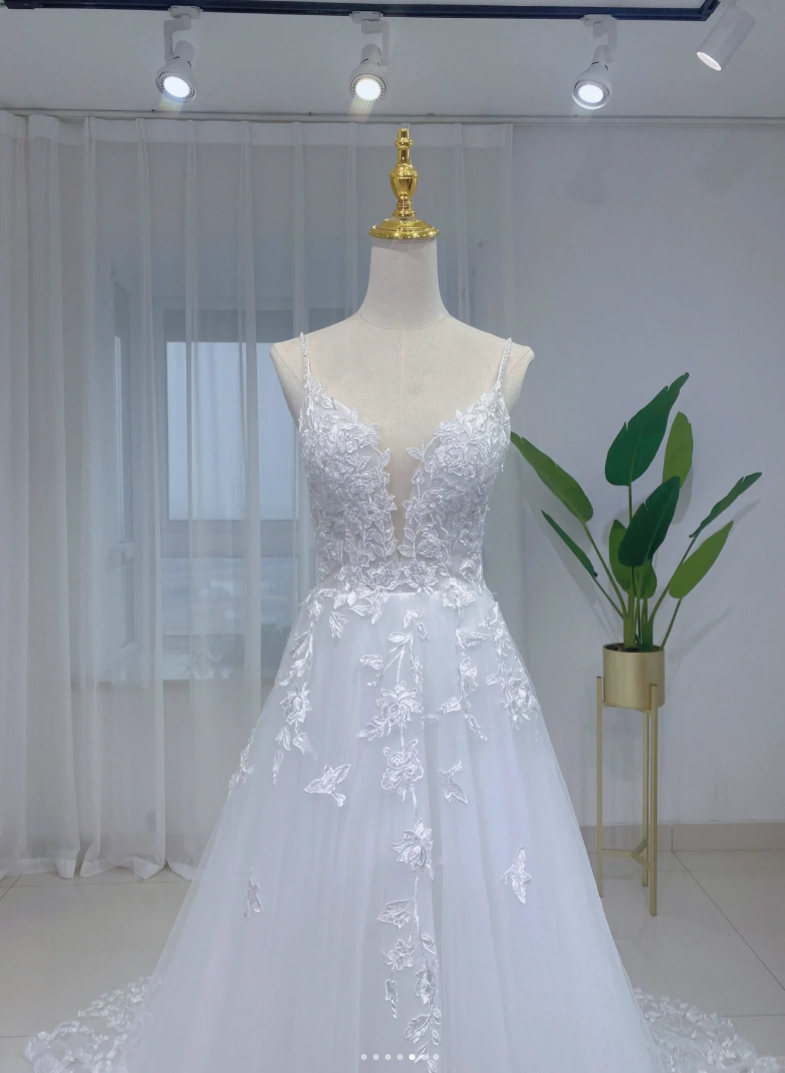 Gorgeous Lace Appliqué Evening Gown V Neck Tulle Appliqué Double Strap A Line Wedding Dress