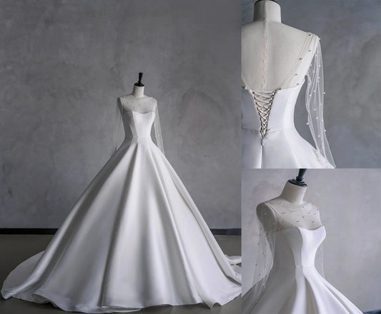 Luxurious Long Sleeve Sweetheart Neck Train A-Line Satin Pearl Beaded Wedding Dress