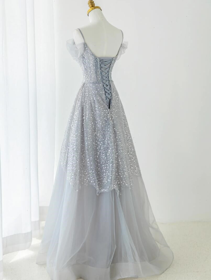 Luxurious blue evening gown sparkling sequins beaded beautiful ruffles and bubbles show ball formal dress