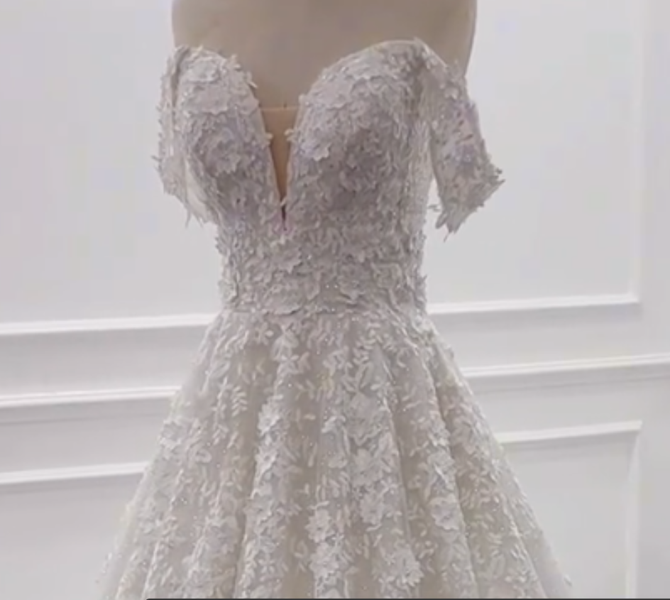 Luxurious off-shoulder V-neck sleeveless A-line lace appliqué wedding dress