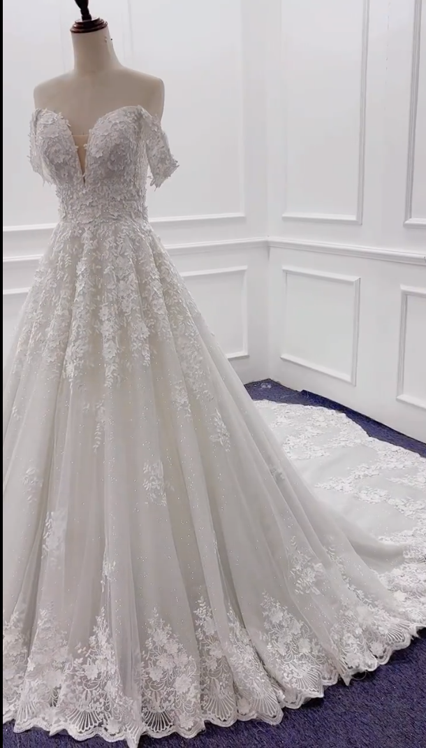 Luxurious off-shoulder V-neck sleeveless A-line lace appliqué wedding dress