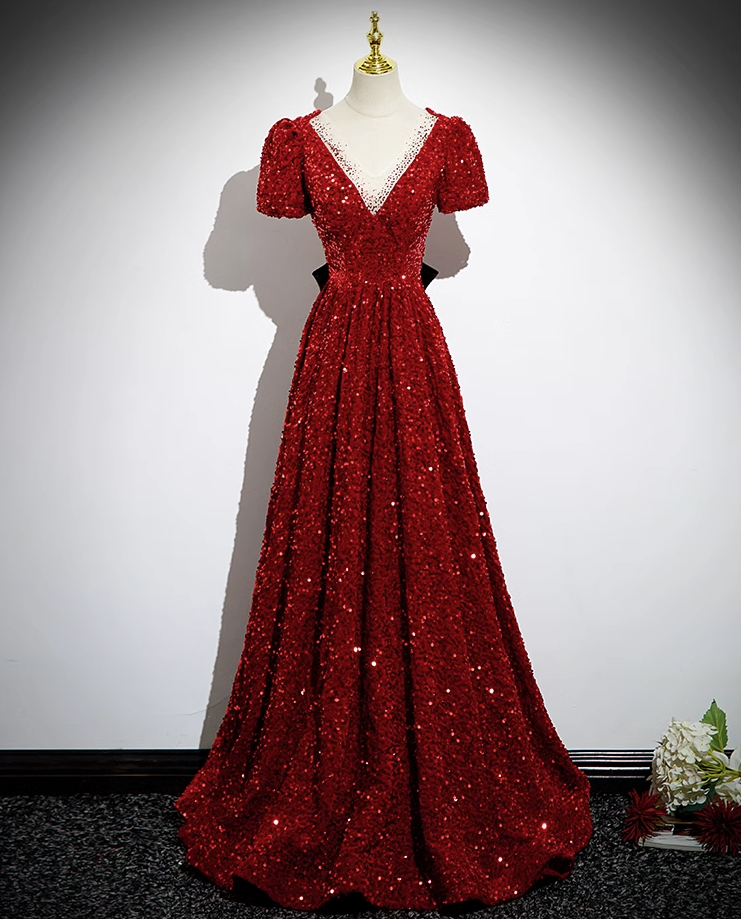 Luxurious sequin burgundy banquet dress party dress cocktail dress evening dress