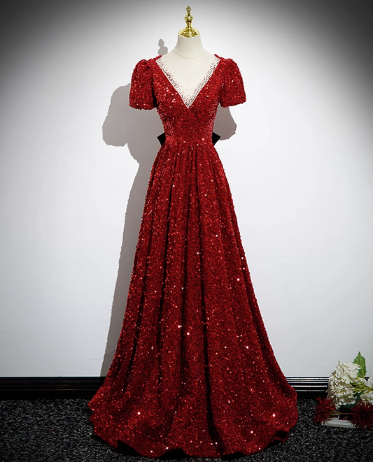 Luxurious sequin burgundy banquet dress party dress cocktail dress evening dress