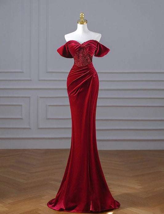 New elegant one-shoulder high-end velvet sequin dress fishtail bride burgundy engagement dress prom dress