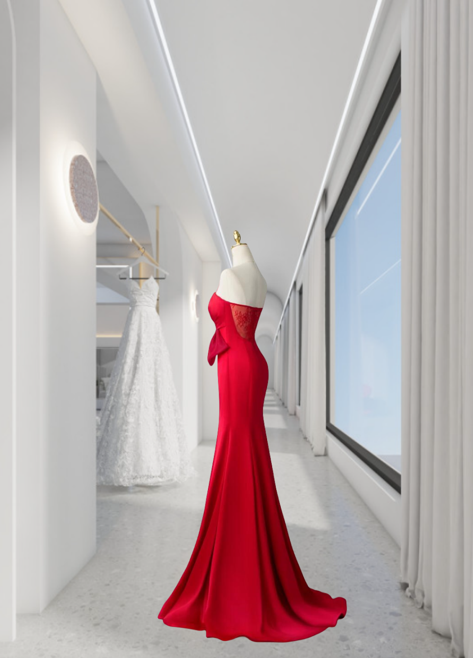 New red banquet dress one-shoulder ball dress wedding engagement party dress fishtail evening dress