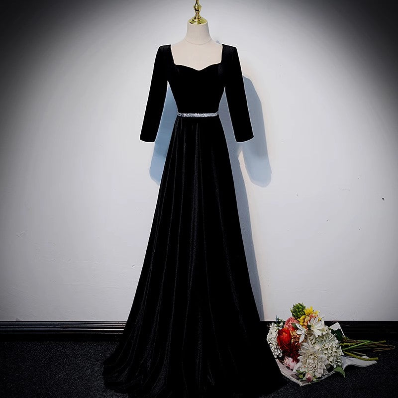 Square neck evening dress black velvet lace-up floor-length simple and elegant women's party dress prom dress