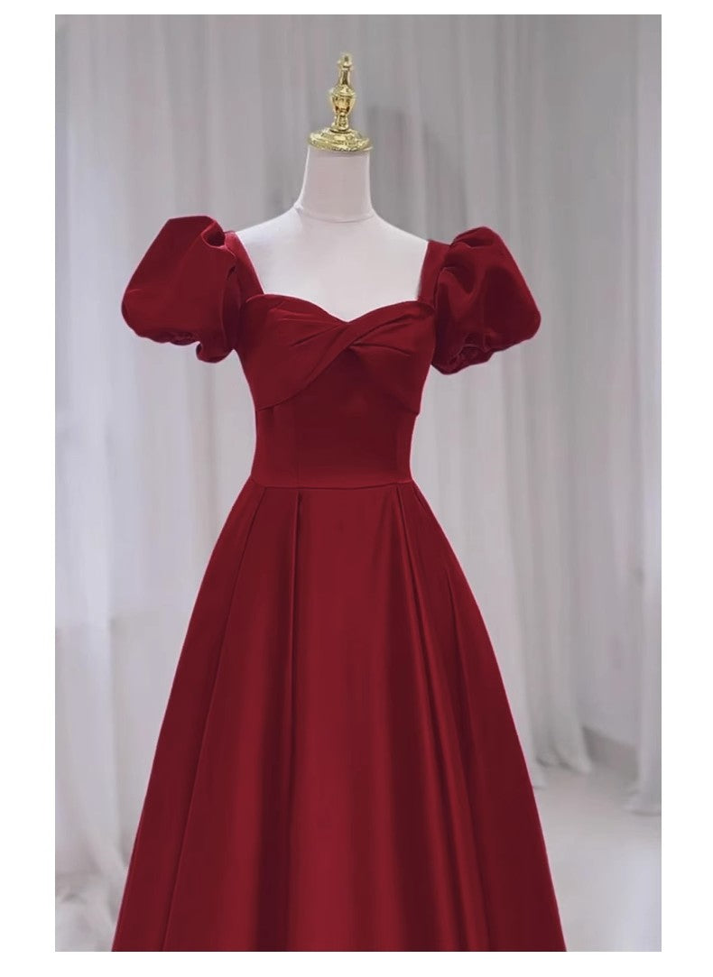 Burgundy square neck puff sleeves strappy back A-line satin evening gown banquet prom dress