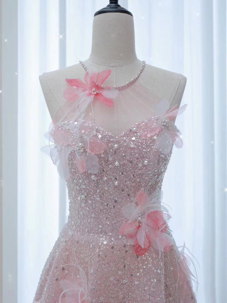 Sexy off-shoulder petite and cute pink sequin love neckline prom dress