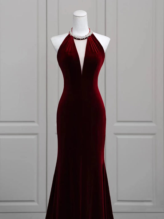 V-Neck Velour New Floor Length Sleeveless Simple A-Line Backless Burgundy Plus Size Women party Dresses