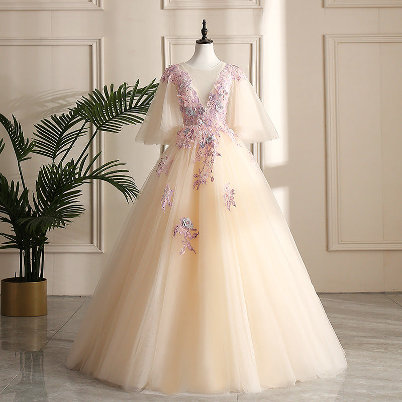 Luxurious lace appliqué tulle ball gown party dress banquet dress