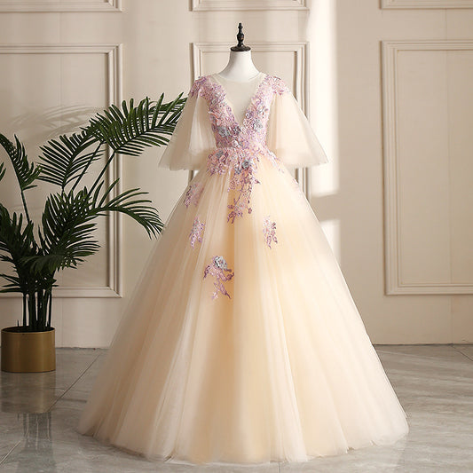 Luxurious lace appliqué tulle ball gown party dress banquet dress