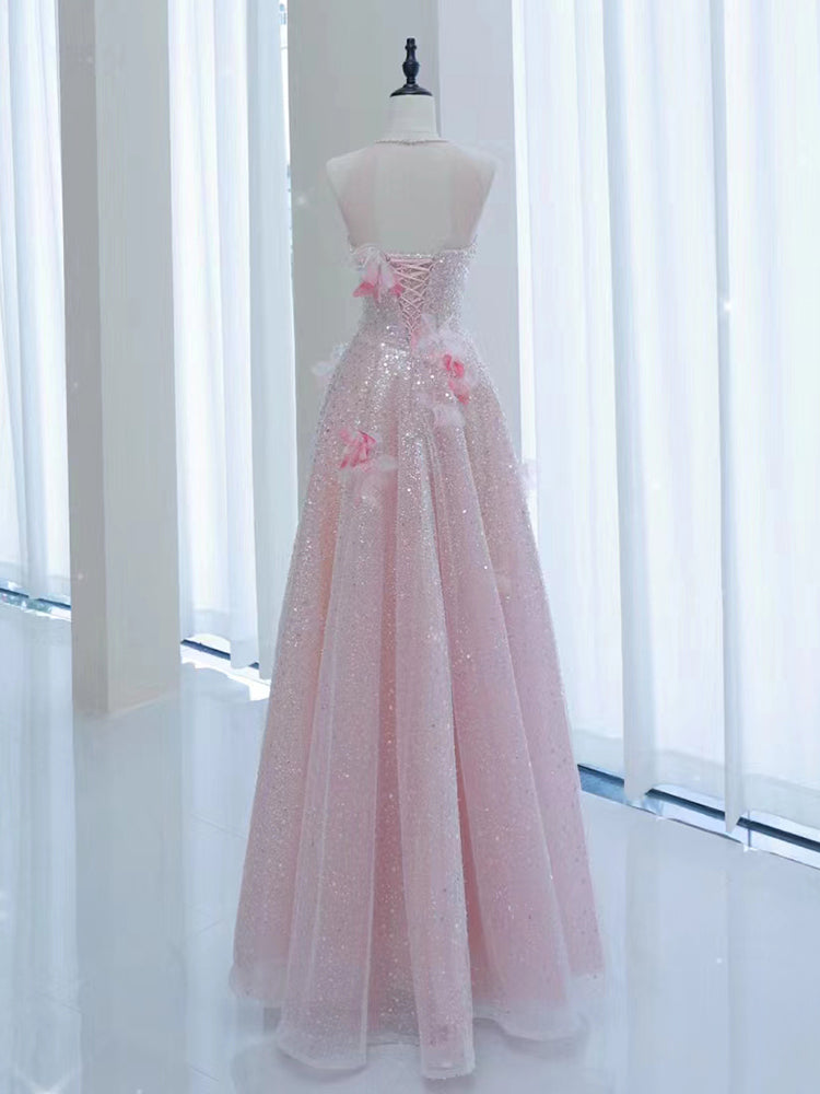 Sexy off-shoulder petite and cute pink sequin love neckline prom dress