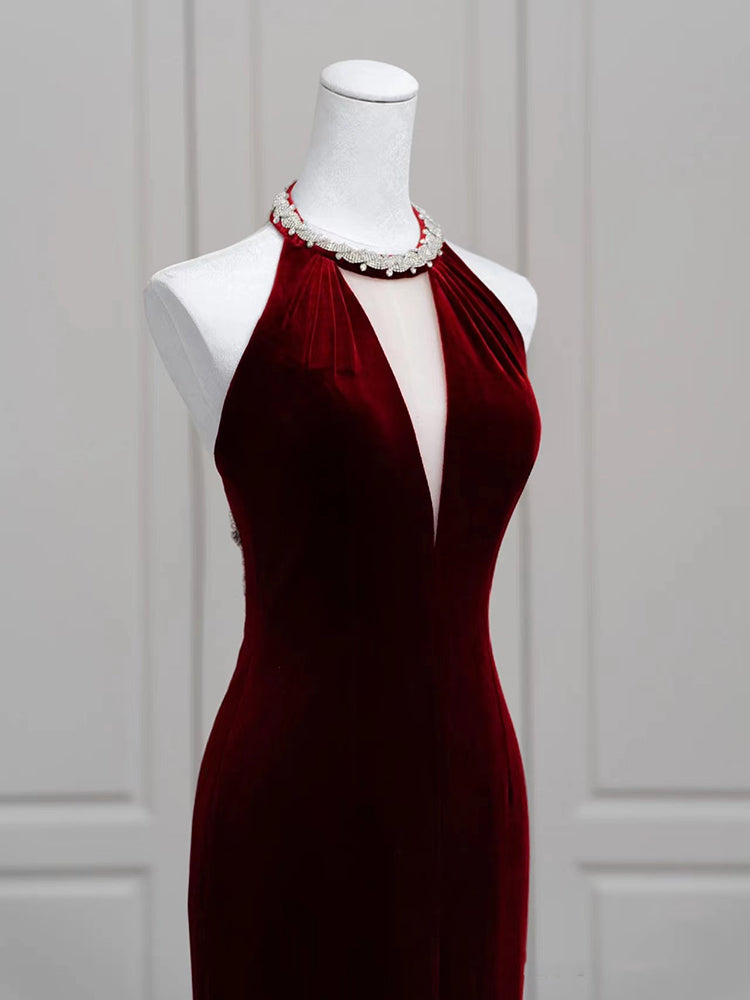 V-Neck Velour New Floor Length Sleeveless Simple A-Line Backless Burgundy Plus Size Women party Dresses