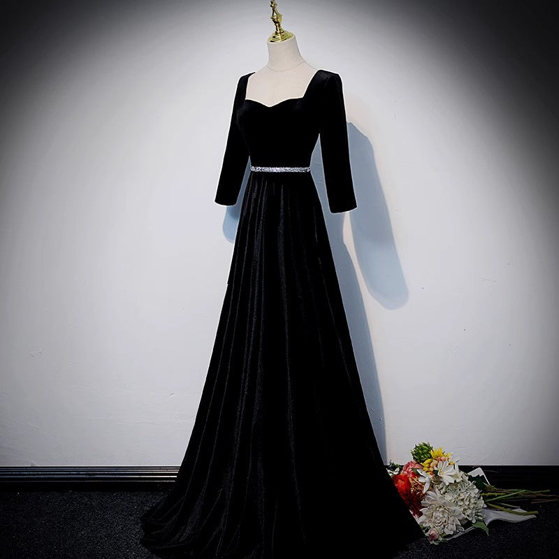 Square neck evening dress black velvet lace-up floor-length simple and elegant women's party dress prom dress