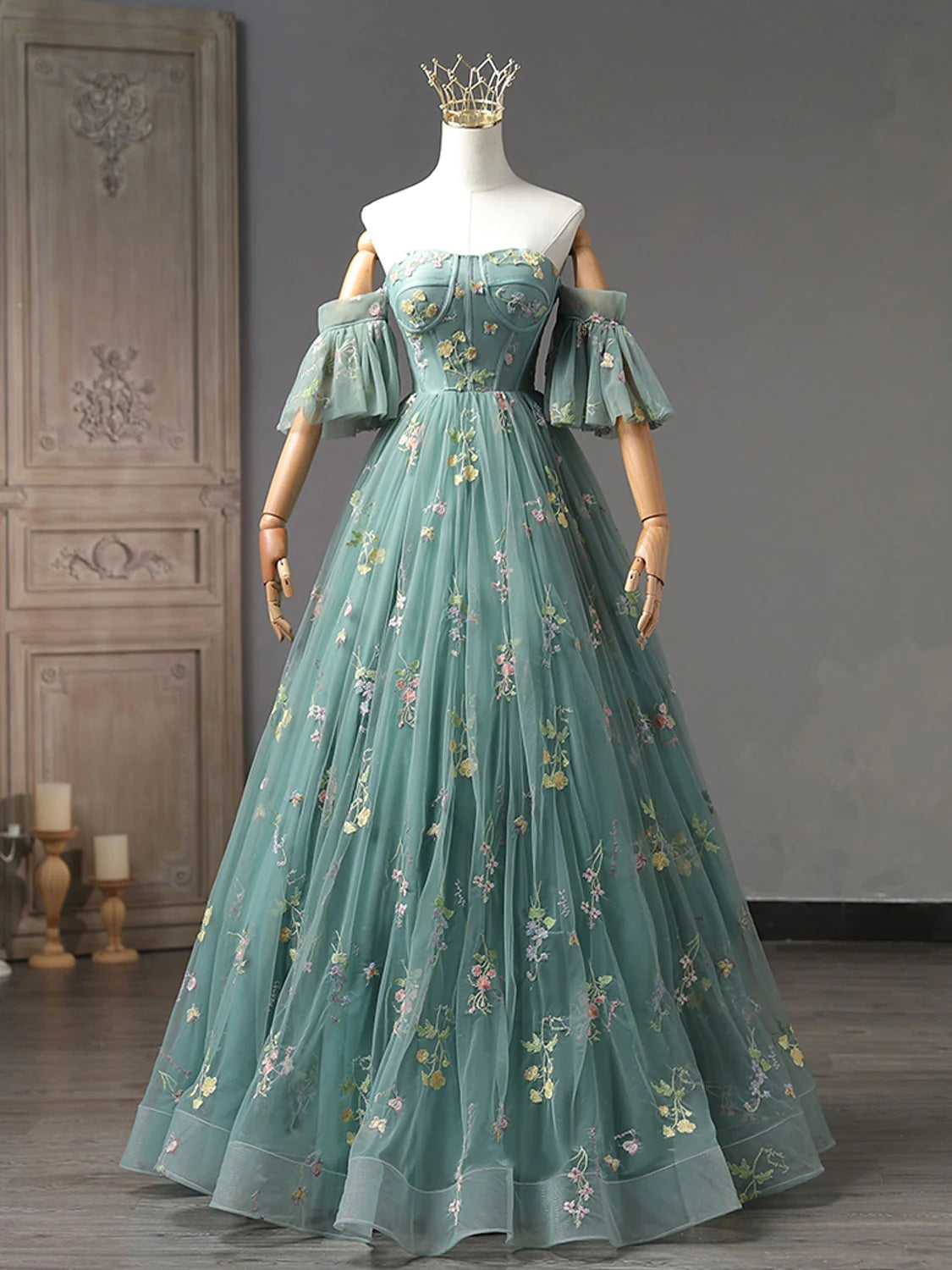 Green Long Ball Dress 3D Flower Lace Formal Dress Ball Dress