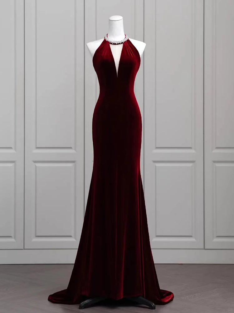 V-Neck Velour New Floor Length Sleeveless Simple A-Line Backless Burgundy Plus Size Women party Dresses