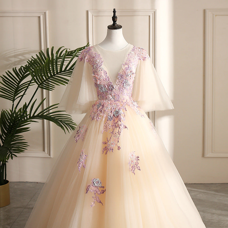 Luxurious lace appliqué tulle ball gown party dress banquet dress