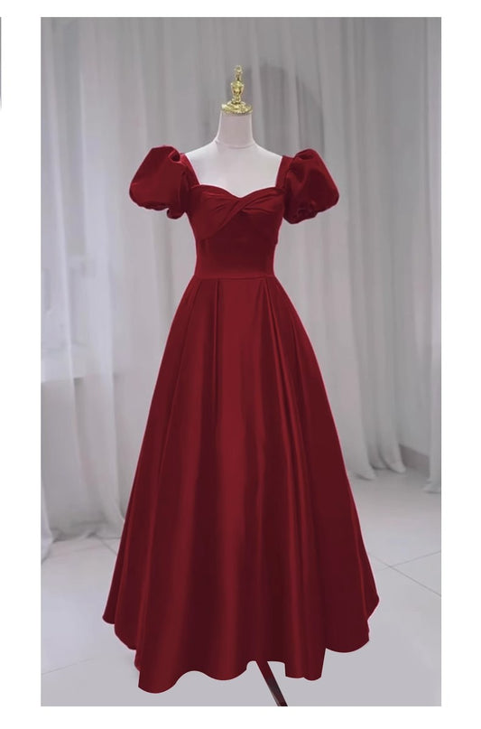 Burgundy square neck puff sleeves strappy back A-line satin evening gown banquet prom dress