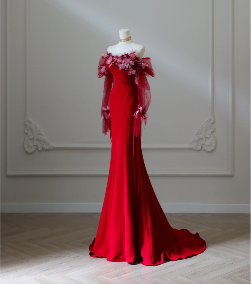 New off-shoulder ruffled long-sleeved elegant evening gown satin mermaid ball gown