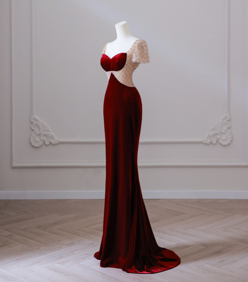 Beaded burgundy velvet sweetheart neckline bodycon ball gown