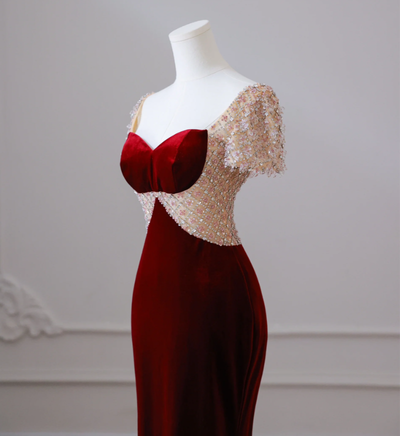 Beaded burgundy velvet sweetheart neckline bodycon ball gown