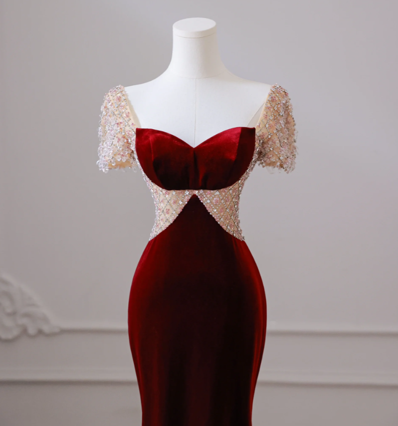 Beaded burgundy velvet sweetheart neckline bodycon ball gown