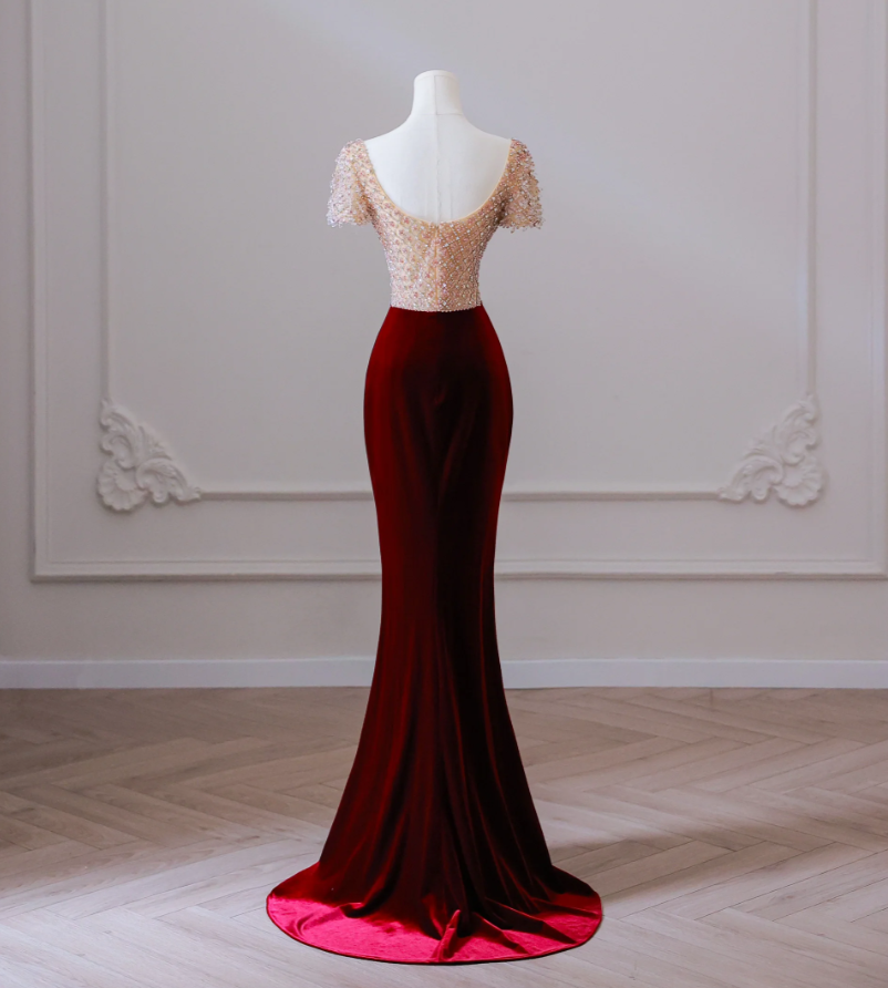 Beaded burgundy velvet sweetheart neckline bodycon ball gown