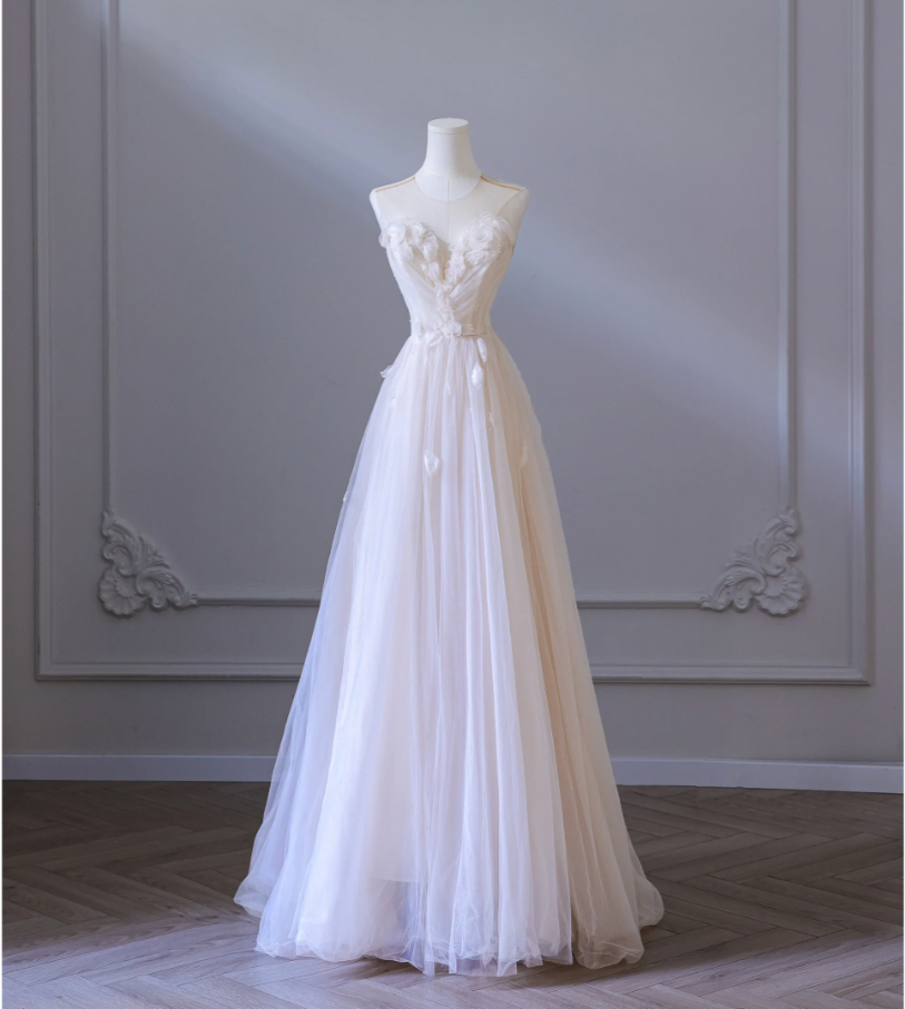 V-neck open-back sleeveless appliquéd Pomecian A-line tulle long ball gown