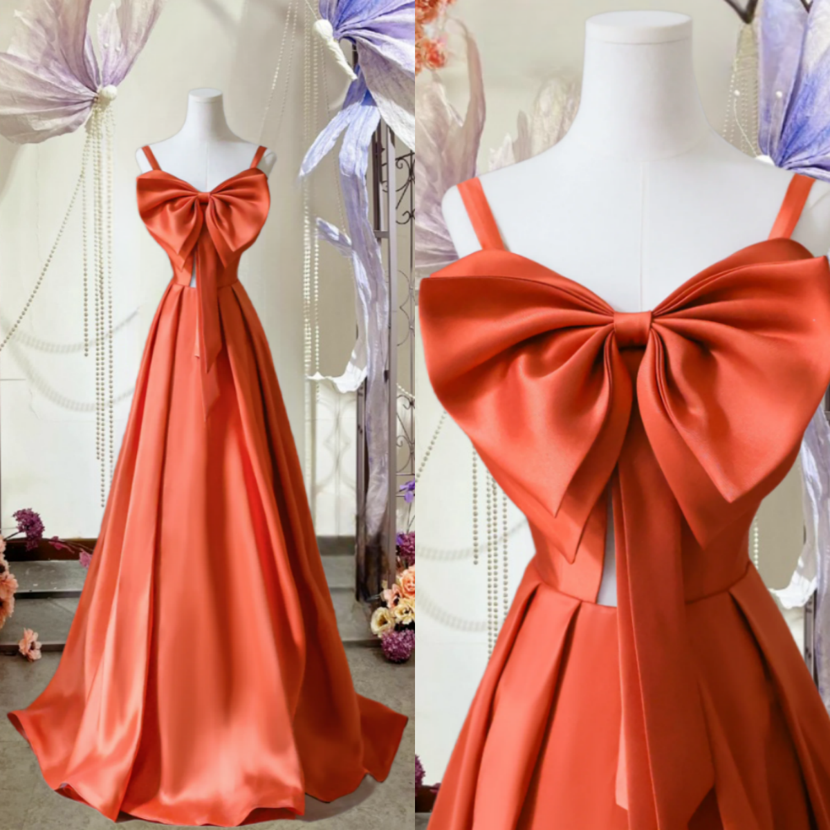 Charming Orange Off Shoulder Satin Butterfly Ball Gown A Line Party Banquet Cocktail Dress