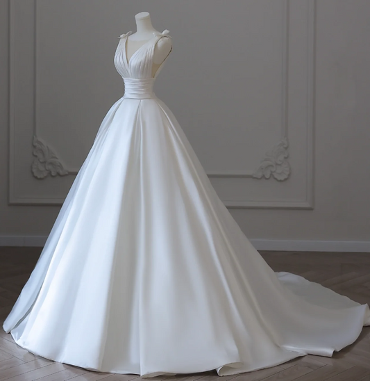 V Neck A Line Train Wedding Dress Pleated Bodice Sexy Pleated Waist Satin Wedding Dress