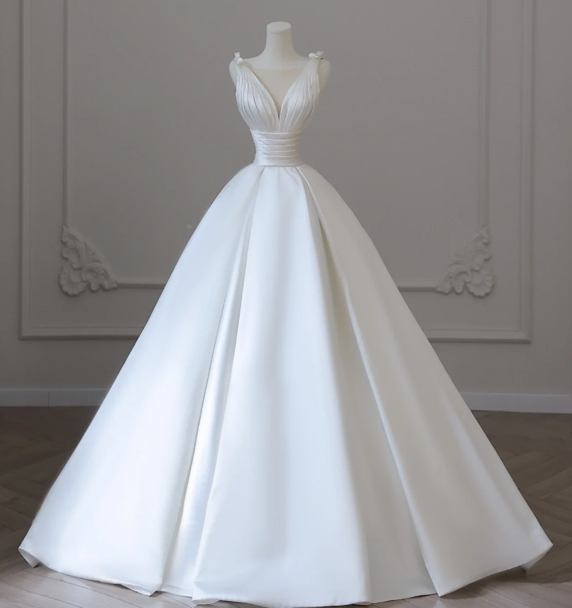 V Neck A Line Train Wedding Dress Pleated Bodice Sexy Pleated Waist Satin Wedding Dress