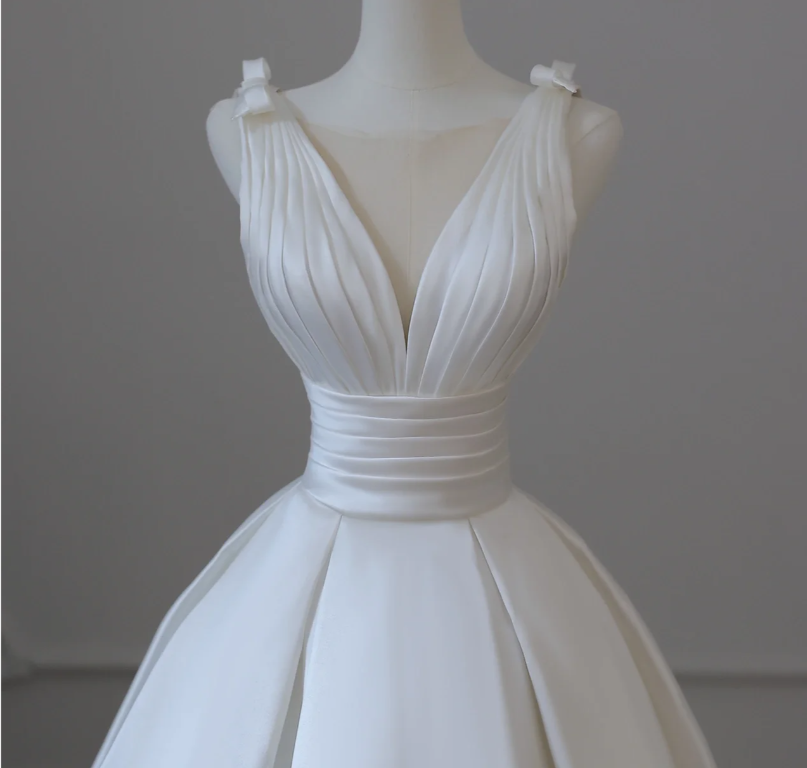 V Neck A Line Train Wedding Dress Pleated Bodice Sexy Pleated Waist Satin Wedding Dress