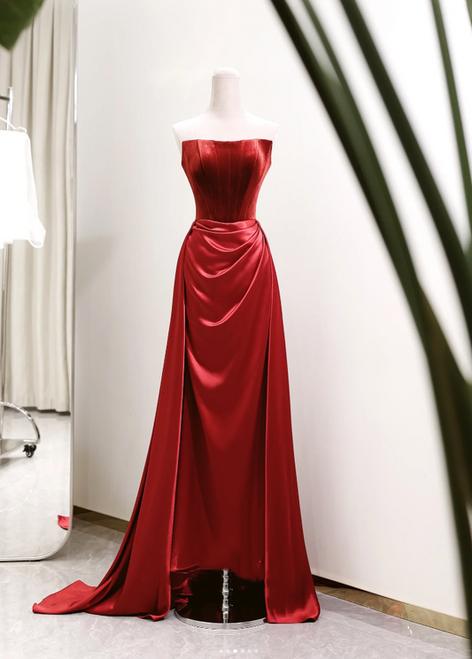 Elegant, elegant and noble red satin one-line neckline toasting suit simple cocktail dress