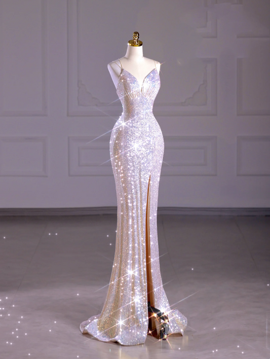 Luxurious sparkling sequined fishtail V-neck ball gown